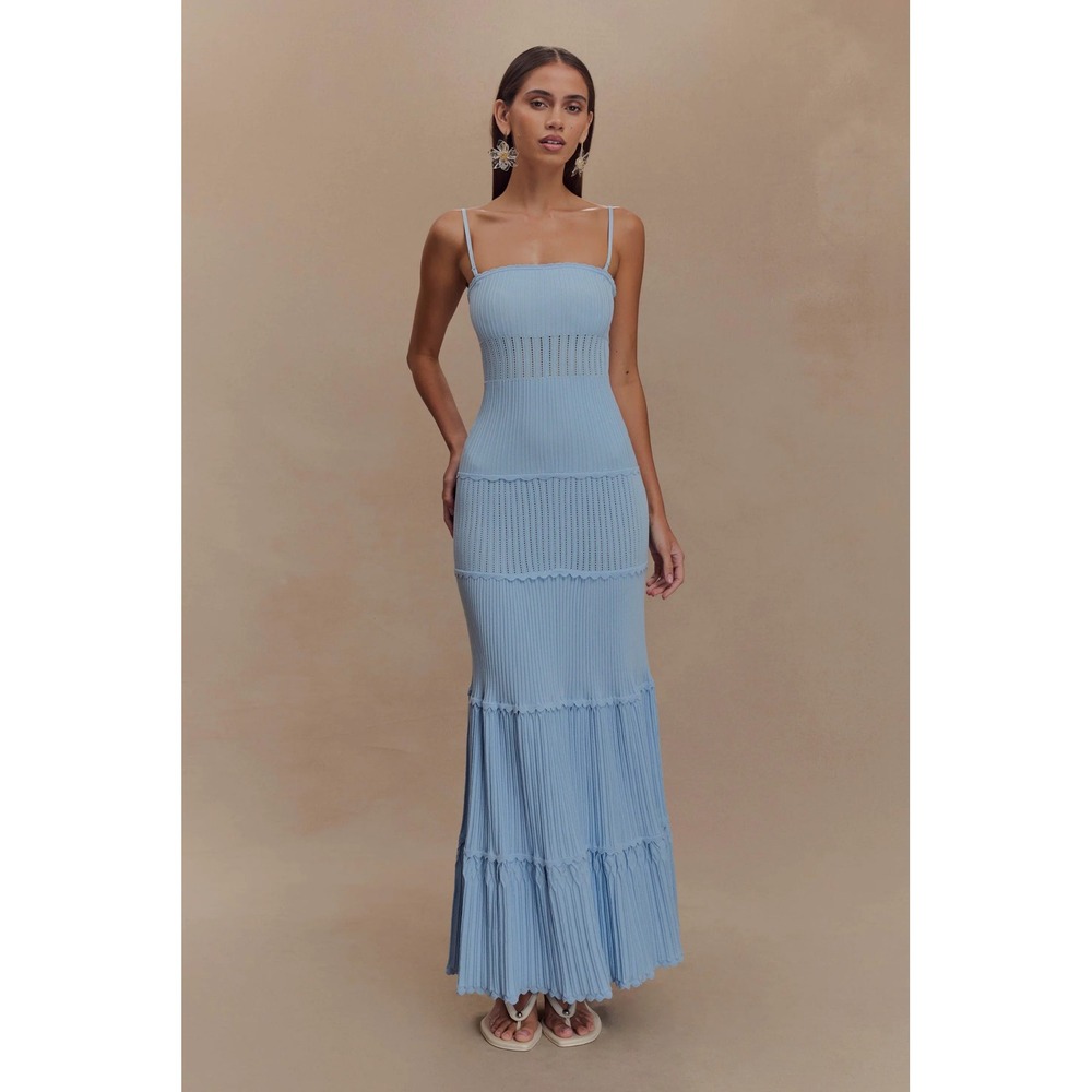 MESHKI Finley Pointelle Knit Maxi Dress Cornflower Blue Small New With Tags